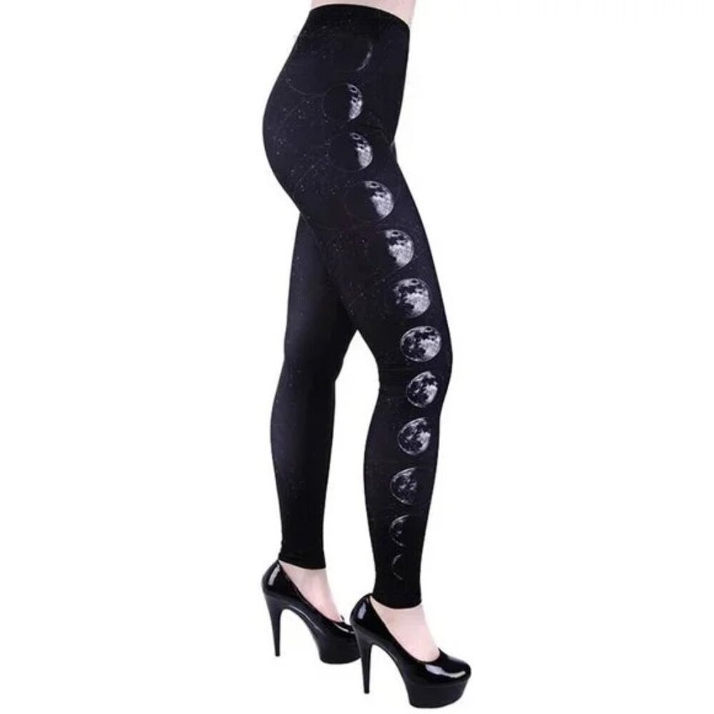 RARE NWT Restyle Eight Lunar Phases Print Black Leggings L (run small)